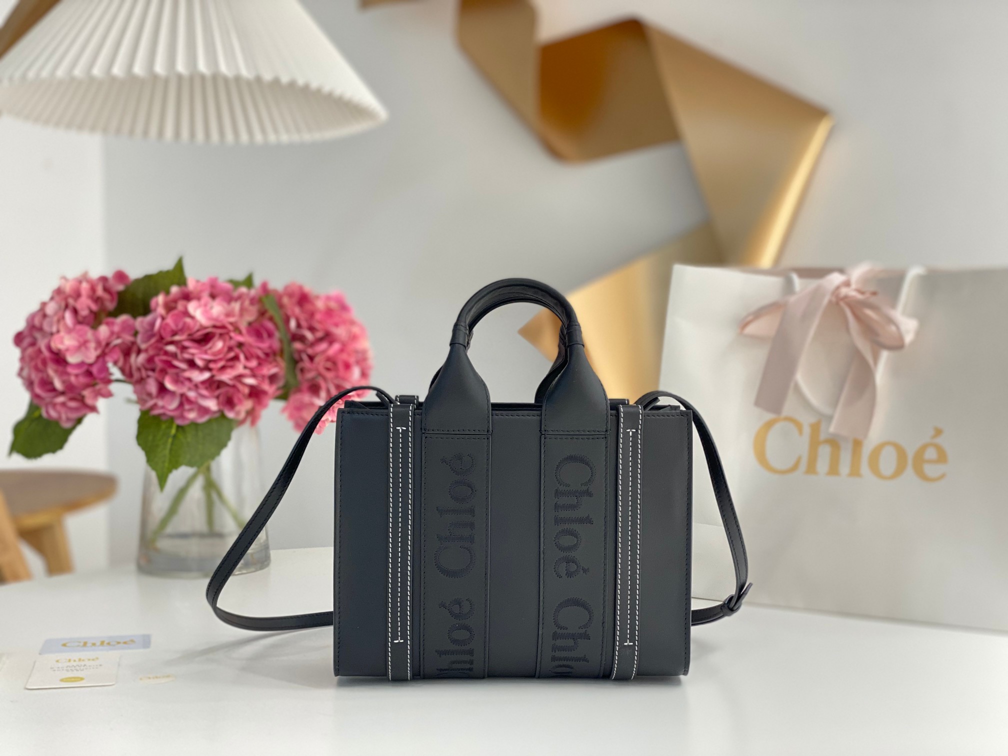 Chloe Small Woody Tote Bag In Black Soft Smooth Calfskin Leather